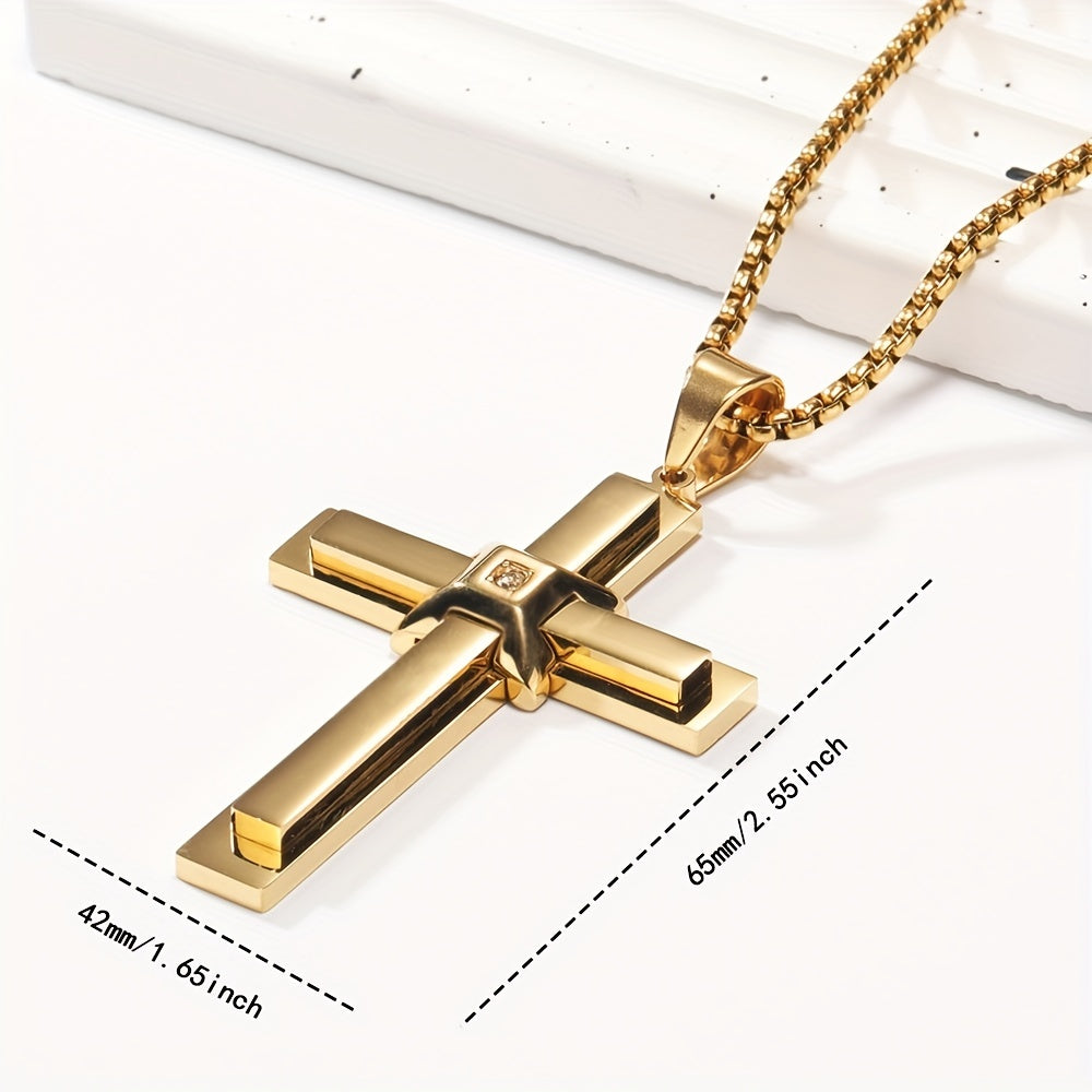 Fashion Stainless Steel Cross Pendant Necklace for Men, Synthetic Zirconia Inlay, Unplated Vintage Style Jewelry by Alpaca