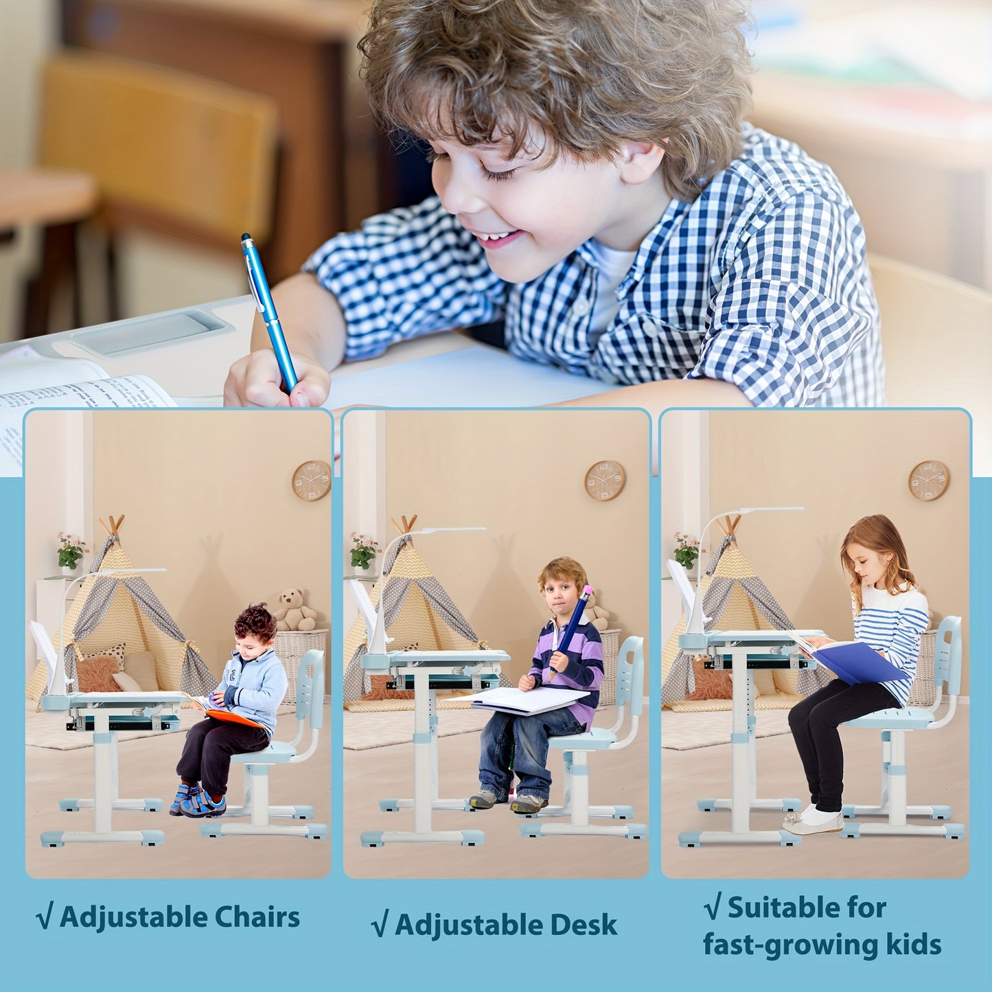 Kids' Ergonomic Study Desk Set - School Chairs with Height Adjustment, 55° Tiltable Desktop, 3-Mode & 3-Brightness LED Lamps, Storage Drawer, Metal Hook, and Sturdy Construction for Boys and Girls, Blue