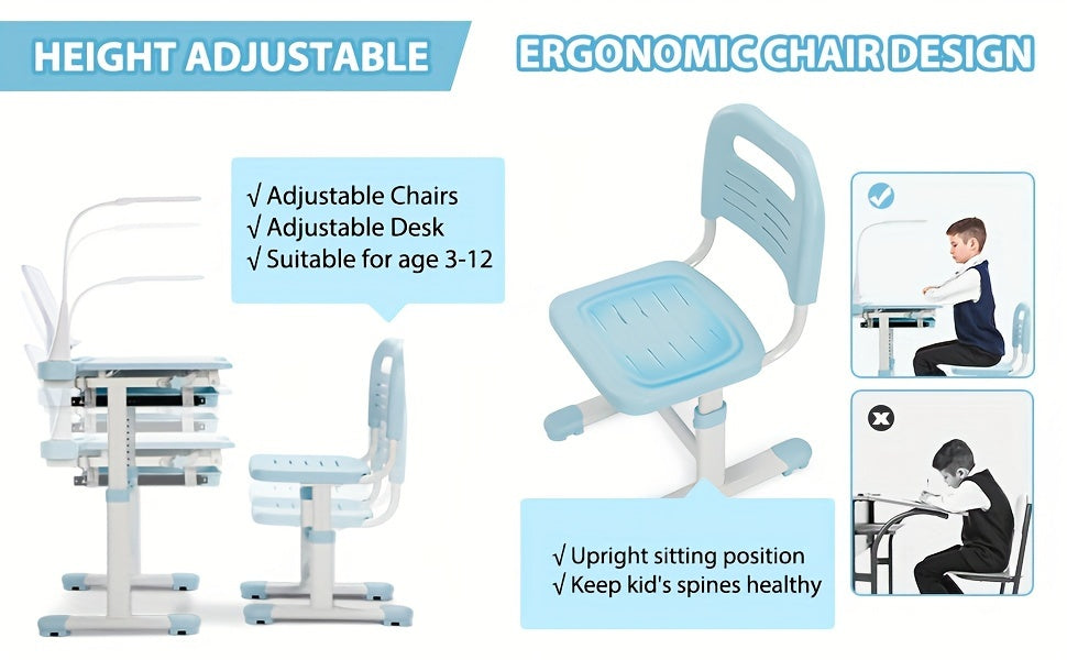 Kids' Ergonomic Study Desk Set - School Chairs with Height Adjustment, 55° Tiltable Desktop, 3-Mode & 3-Brightness LED Lamps, Storage Drawer, Metal Hook, and Sturdy Construction for Boys and Girls, Blue