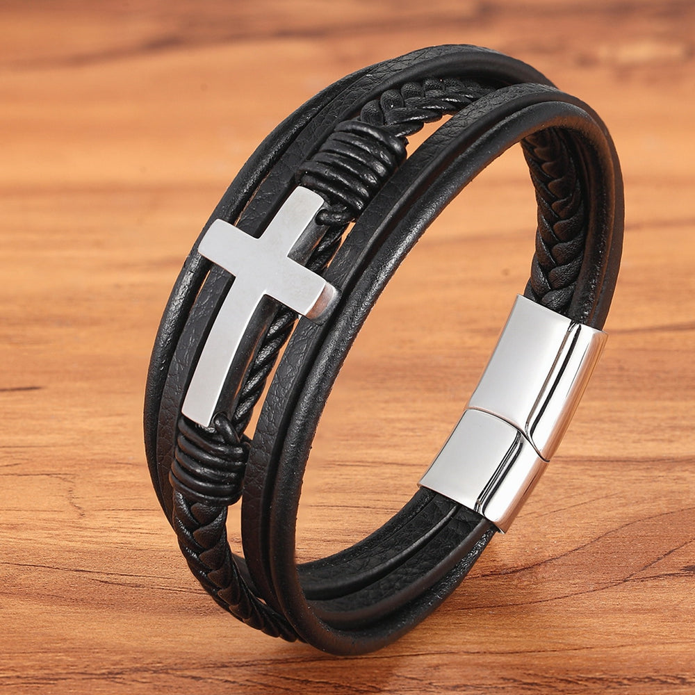 Luxurious Multicolor Cross Design Stainless Steel Men's PU Leather Bracelet - Adjustable 19/21/23cm Length, Stylish, Water Resistant, Durable, Perfect Gift