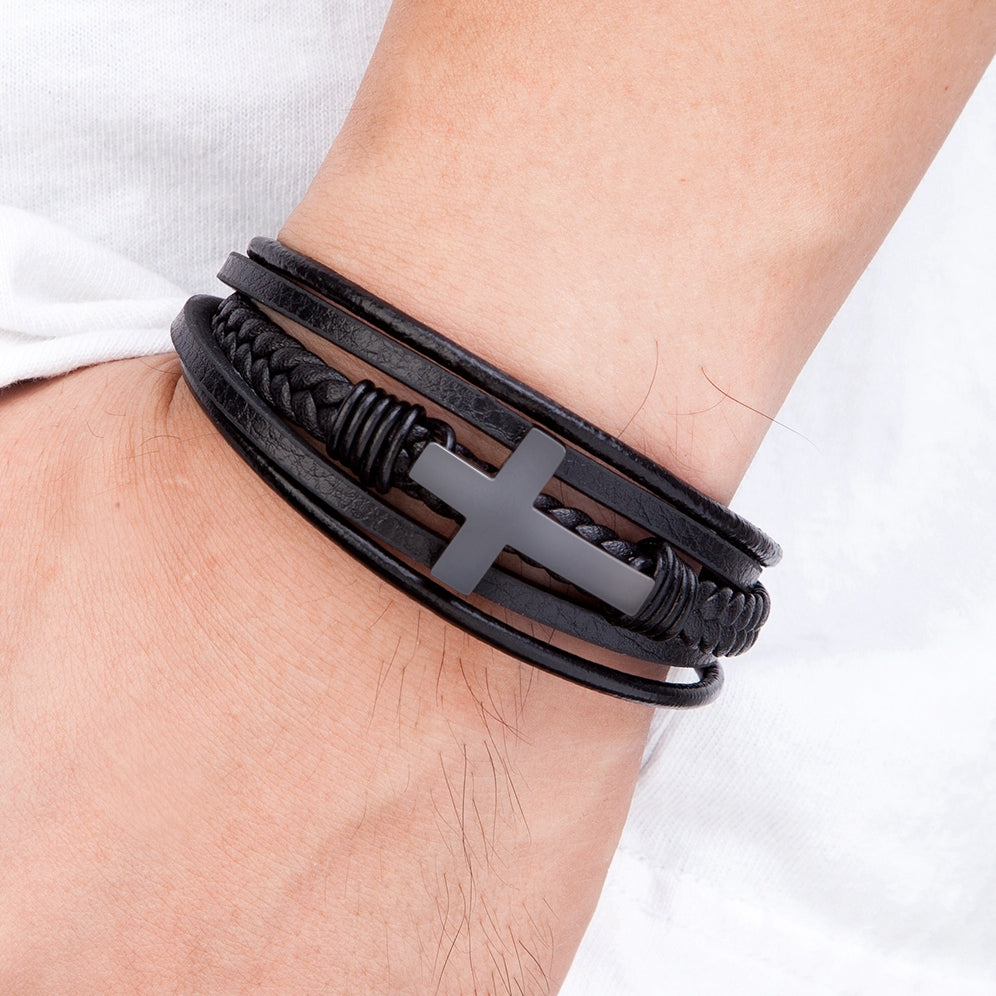 Luxurious Multicolor Cross Design Stainless Steel Men's PU Leather Bracelet - Adjustable 19/21/23cm Length, Stylish, Water Resistant, Durable, Perfect Gift