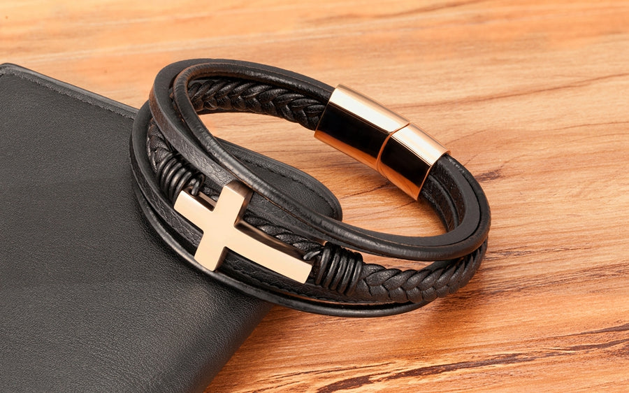 Luxurious Multicolor Cross Design Stainless Steel Men's PU Leather Bracelet - Adjustable 19/21/23cm Length, Stylish, Water Resistant, Durable, Perfect Gift