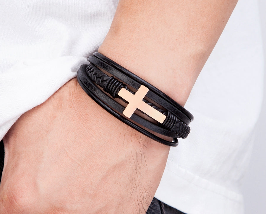 Luxurious Multicolor Cross Design Stainless Steel Men's PU Leather Bracelet - Adjustable 19/21/23cm Length, Stylish, Water Resistant, Durable, Perfect Gift