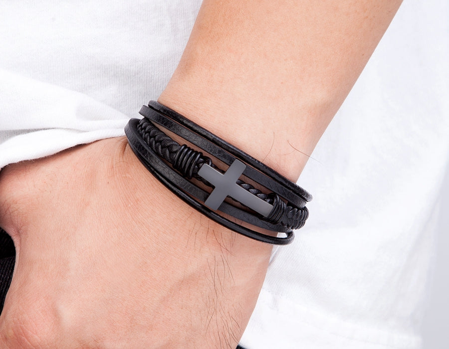 Luxurious Multicolor Cross Design Stainless Steel Men's PU Leather Bracelet - Adjustable 19/21/23cm Length, Stylish, Water Resistant, Durable, Perfect Gift