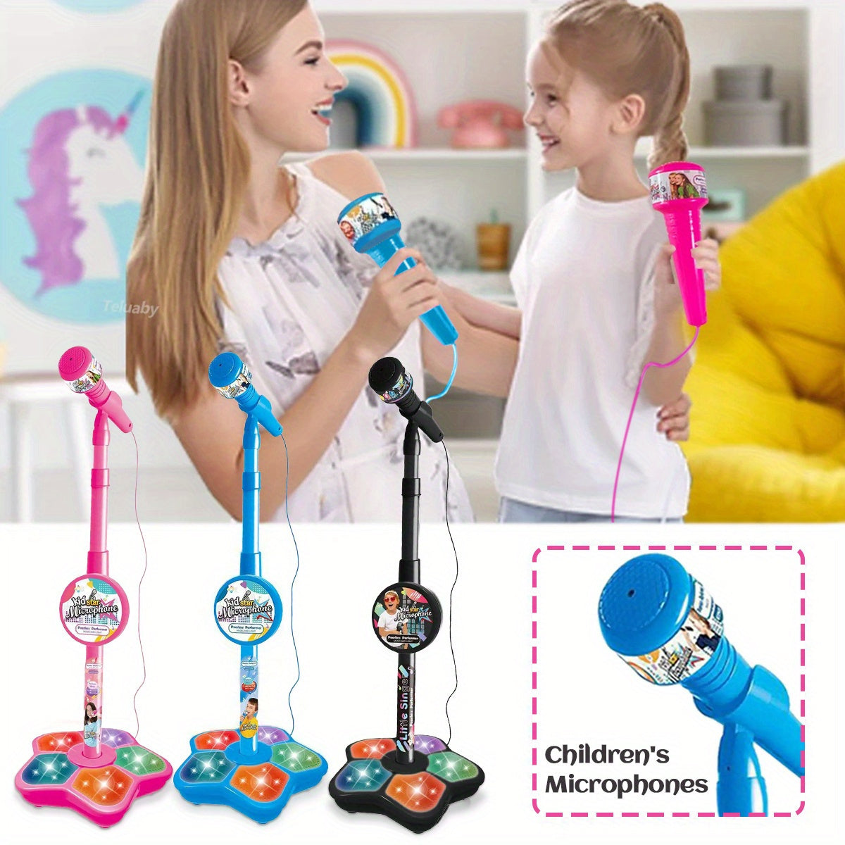 Youngsters' Stand-Up Karaoke Microphone Toy with Amplification - Educational Music Play for Youngsters, Durable ABS Material, Available in Black/Blue/Pink