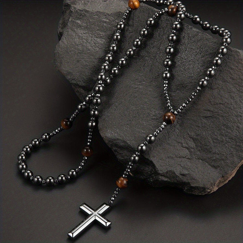 1pc Bright Black Natural Stone Yellow 8mm Round Bead Black Gallstone Cross Rosary Rough Stone Gift For Men, Daily Casual Halloween Gift, Sweater Chain/Clavicle