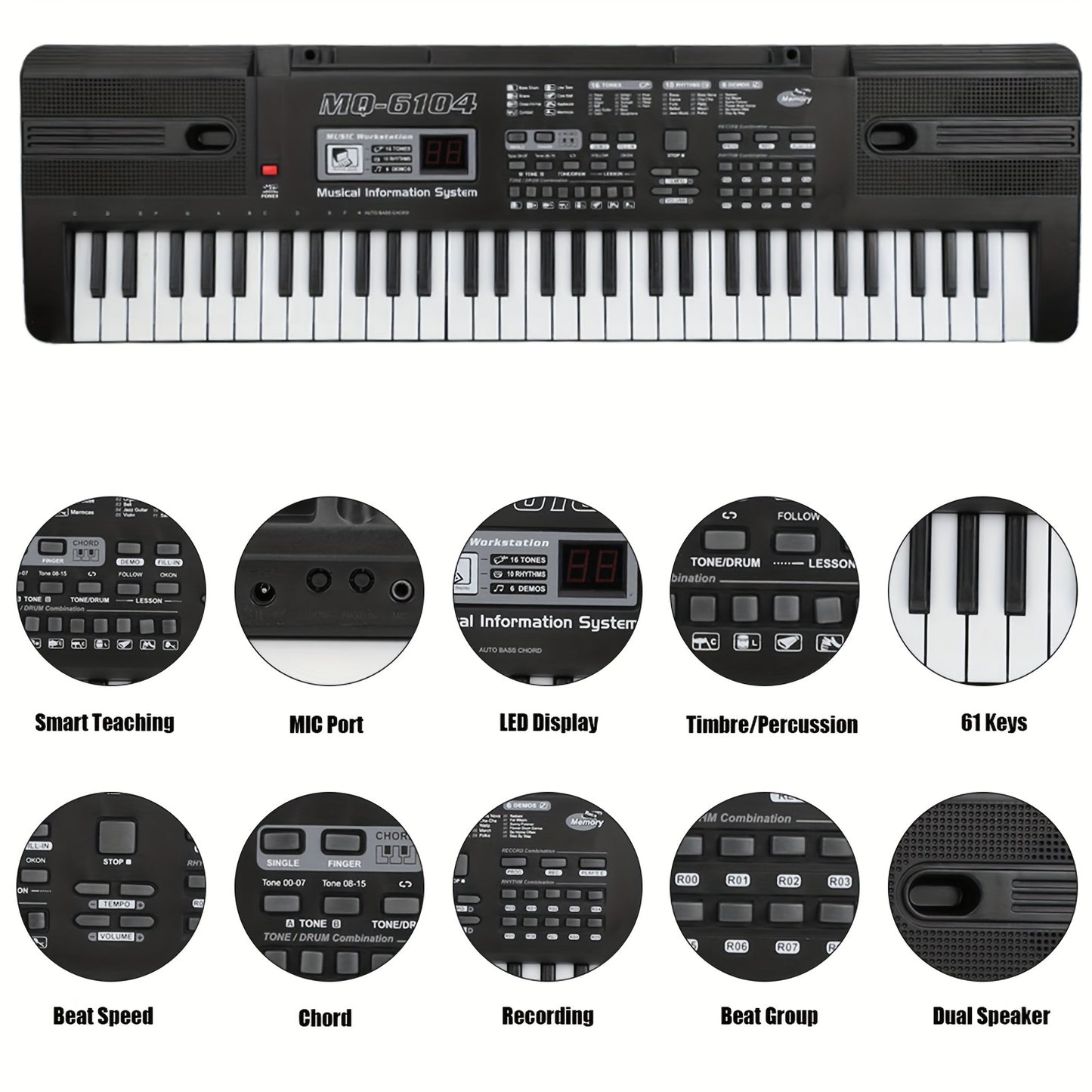 61-key Portable Keyboard For Kids. Dual Power Via USB/battery. Educational Music Instrument With Interactive Learning. Comes With Microphone, 16 Tones, 8 Percussion Recordings, 10 Rhythms, And 6 Demos.