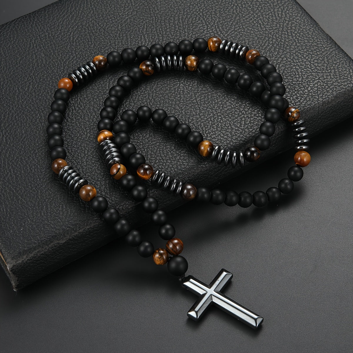 1pc 8mm Beaded Matte Black Natural Stone Yellow Tiger Eye Cross Pendant Necklace, Unique Gift for Men, Cool Jewelry