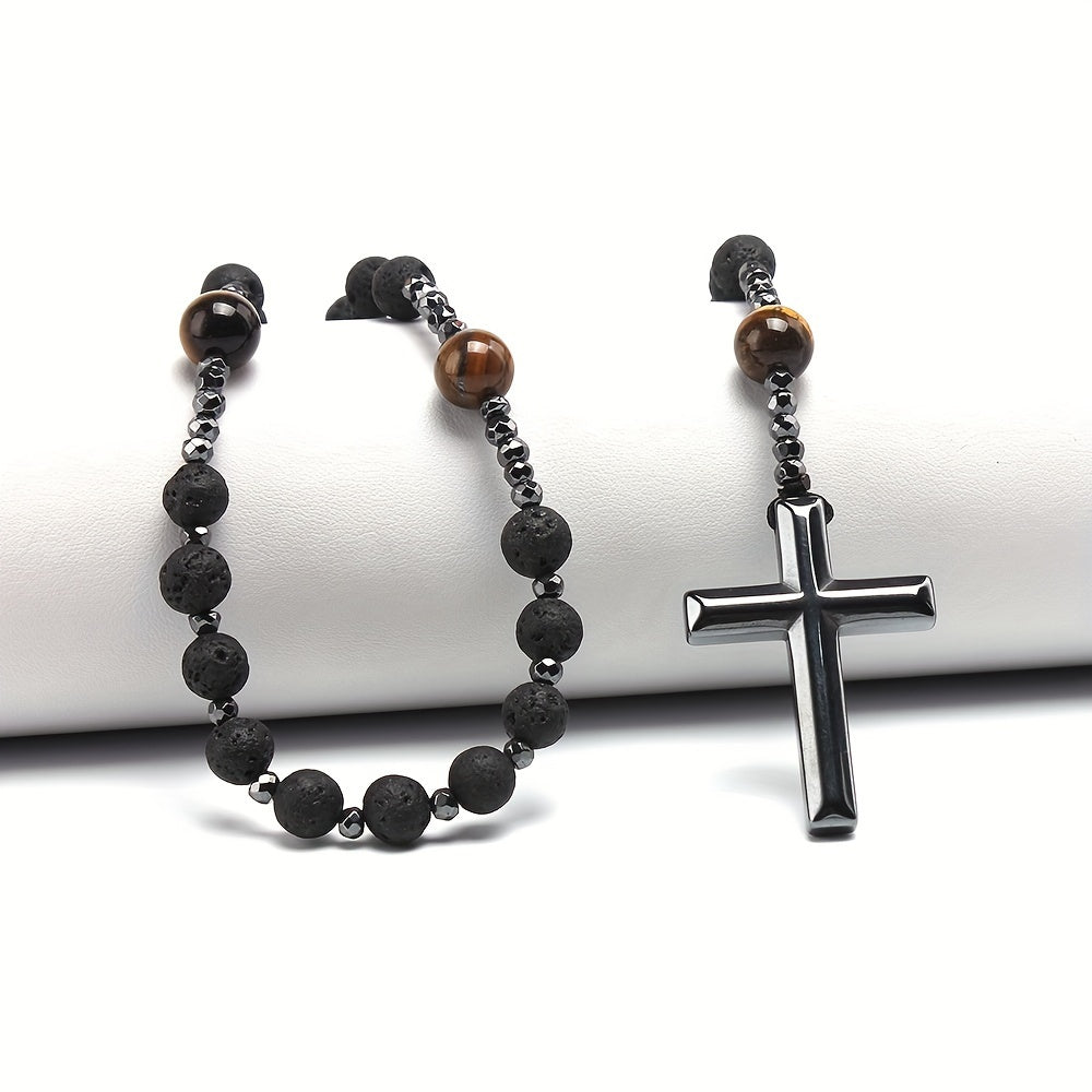 Natural Stone Cross Pendant Beads Necklace, Men's Religious Necklace