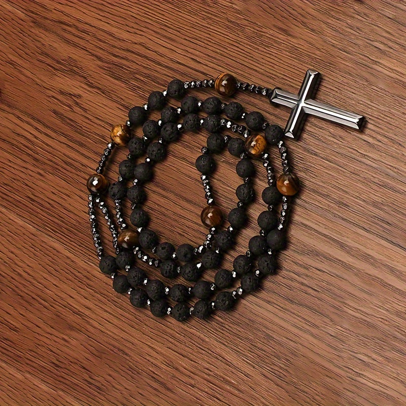 Natural Stone Cross Pendant Beads Necklace, Men's Religious Necklace