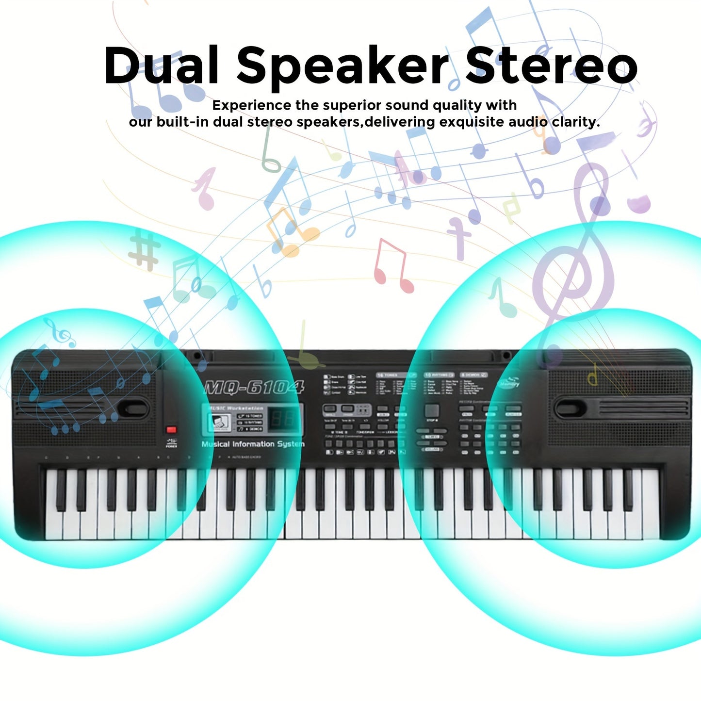 61-key Portable Keyboard For Kids. Dual Power Via USB/battery. Educational Music Instrument With Interactive Learning. Comes With Microphone, 16 Tones, 8 Percussion Recordings, 10 Rhythms, And 6 Demos.