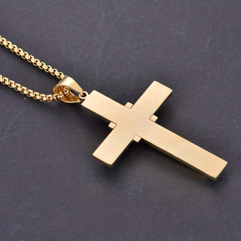 Fashion Stainless Steel Cross Pendant Necklace for Men, Synthetic Zirconia Inlay, Unplated Vintage Style Jewelry by Alpaca