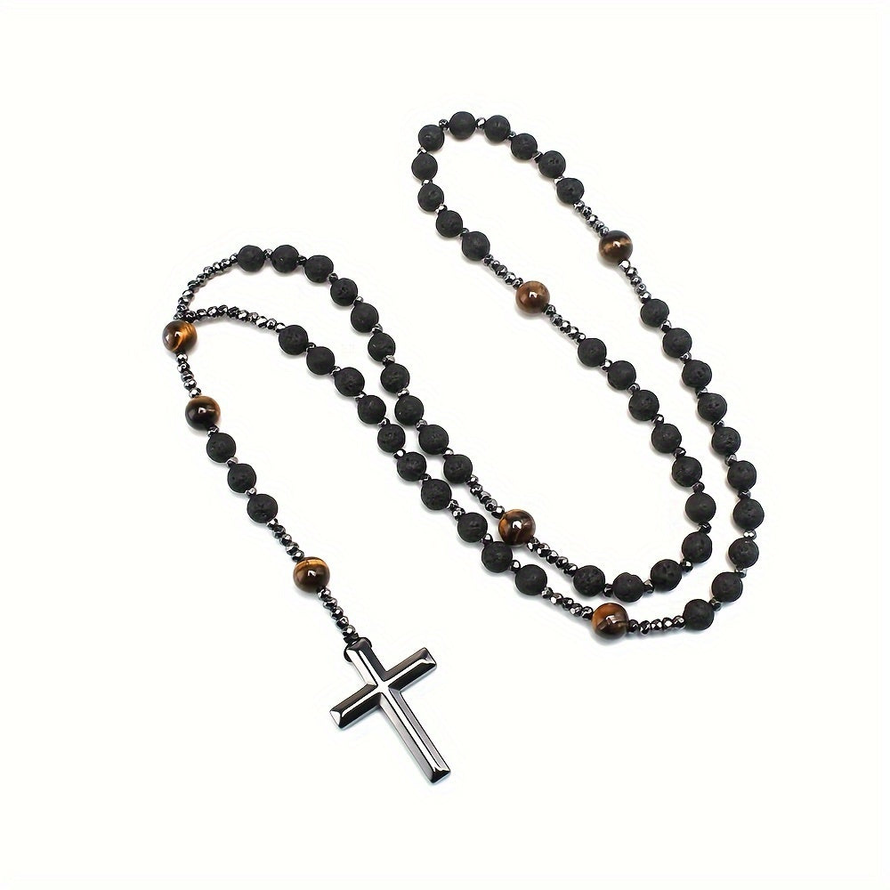 Natural Stone Cross Pendant Beads Necklace, Men's Religious Necklace