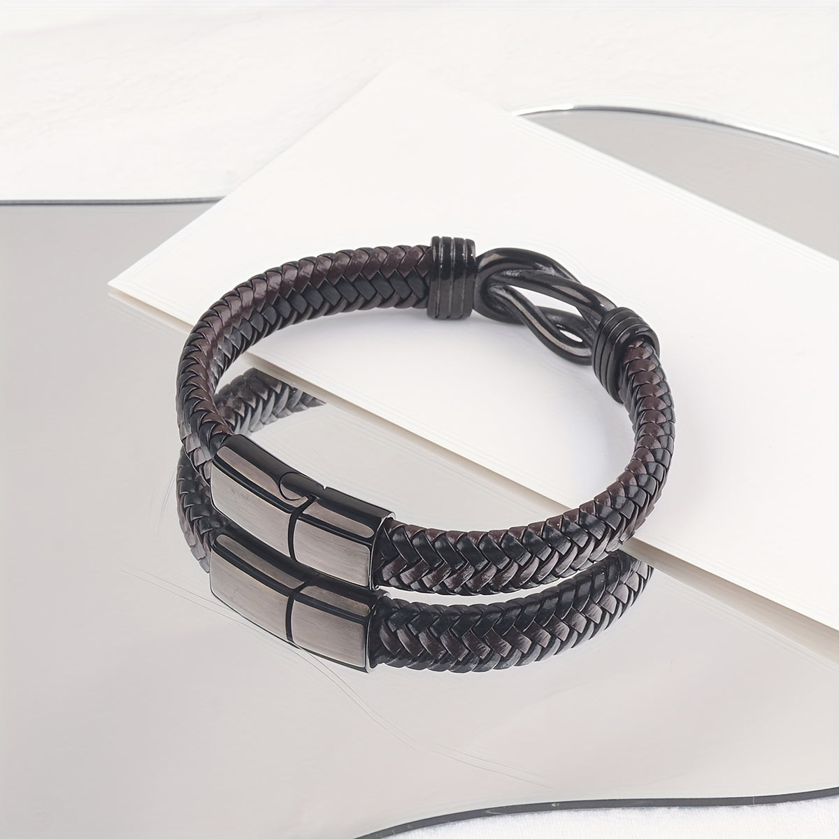 Black Color Bracelet Gifts With Blessing Card For Men Women Brown Braided Leather Stainless Steel Infinity Bracelets Lettering Love You Forever Gifts For Son Grandson Husband Boyfriend Brother