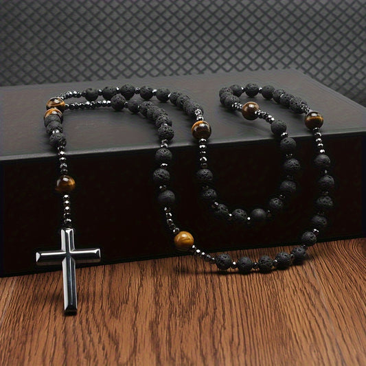 Natural Stone Cross Pendant Beads Necklace, Men's Religious Necklace