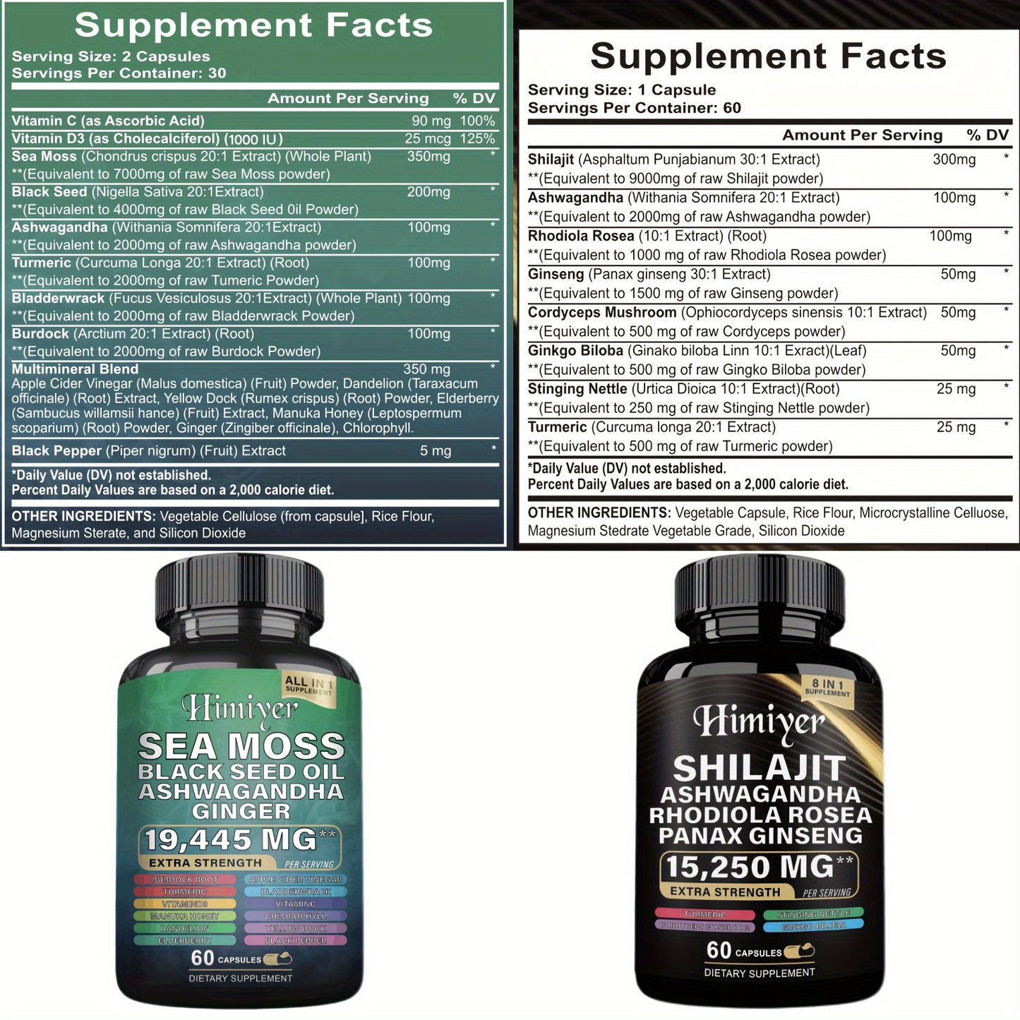 SHilajit+Sea Moss High Potency Vitality Combo - Ashwagandha Turmeric Bladder, Burdock 2000 Mg & Ginger, Vitamin C, Vitamin D3 & Elderberry Manuka & Pure Himalayan Shilajit Supplement