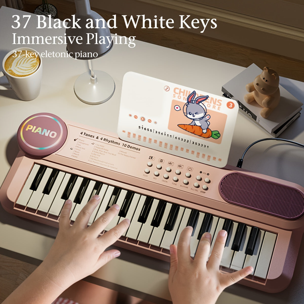 37 Keys Kids Piano Keyboard Toys with Microphone, Pink Blue Piano Multipie Sounds, Stickers, Birthday Gifts for Boys and Girls