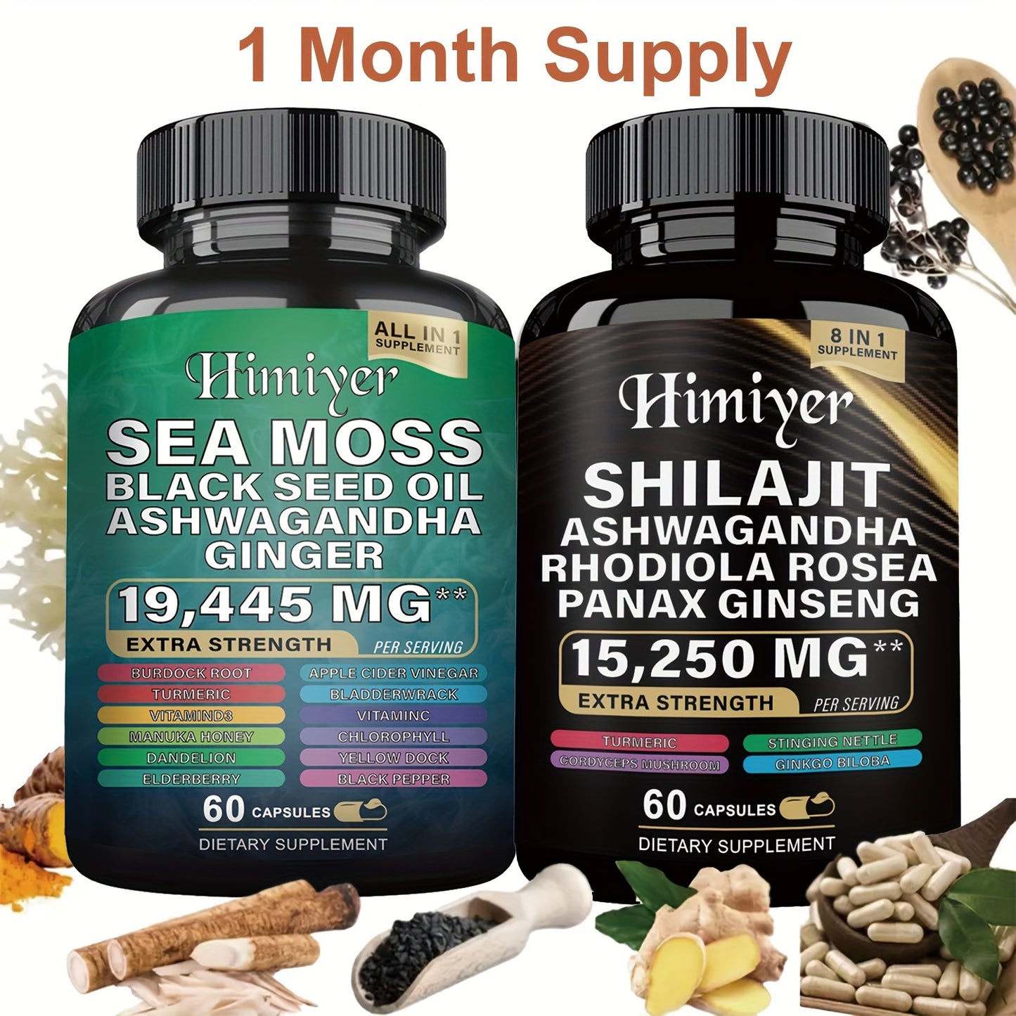 SHilajit+Sea Moss High Potency Vitality Combo - Ashwagandha Turmeric Bladder, Burdock 2000 Mg & Ginger, Vitamin C, Vitamin D3 & Elderberry Manuka & Pure Himalayan Shilajit Supplement