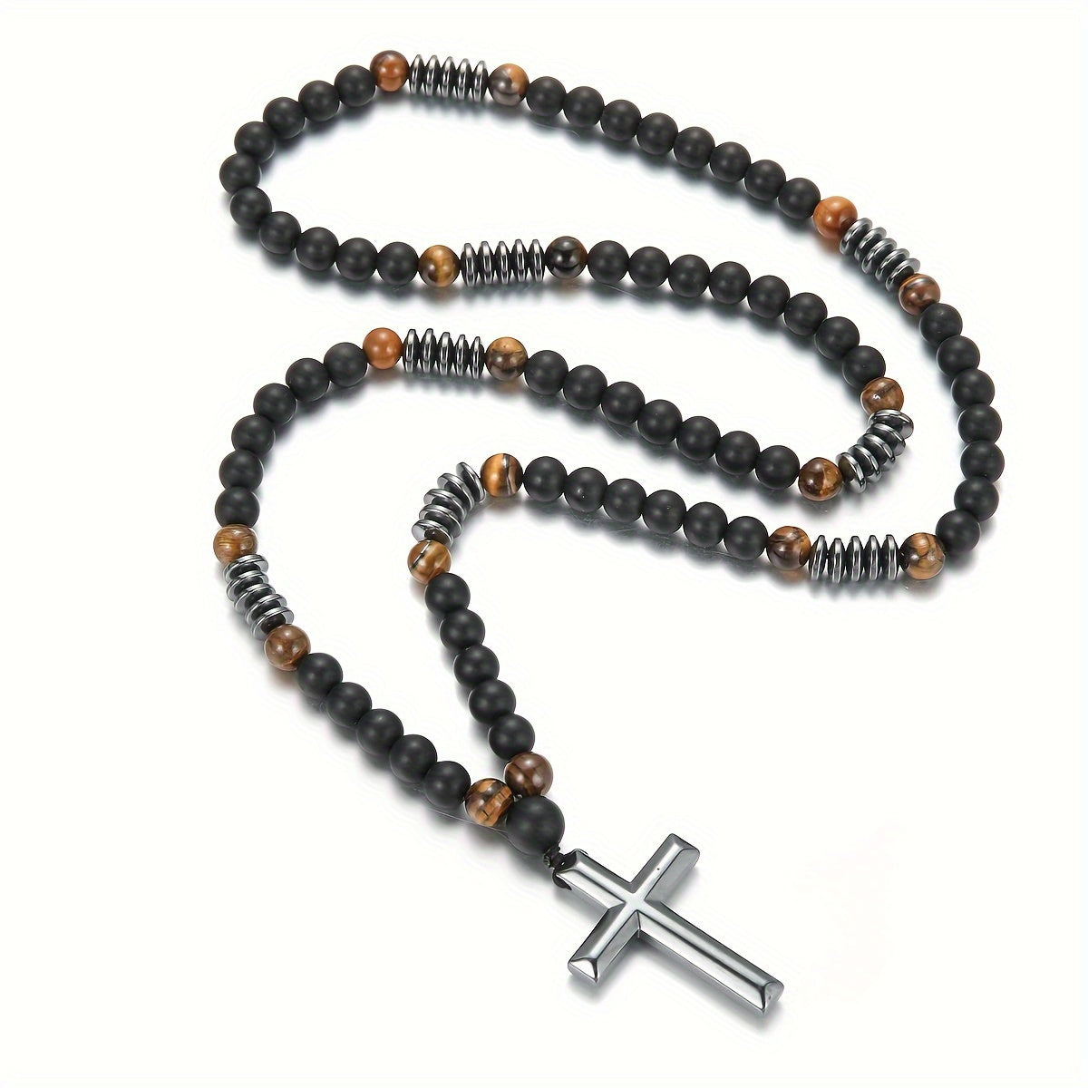 1pc 8mm Beaded Matte Black Natural Stone Yellow Tiger Eye Cross Pendant Necklace, Unique Gift for Men, Cool Jewelry