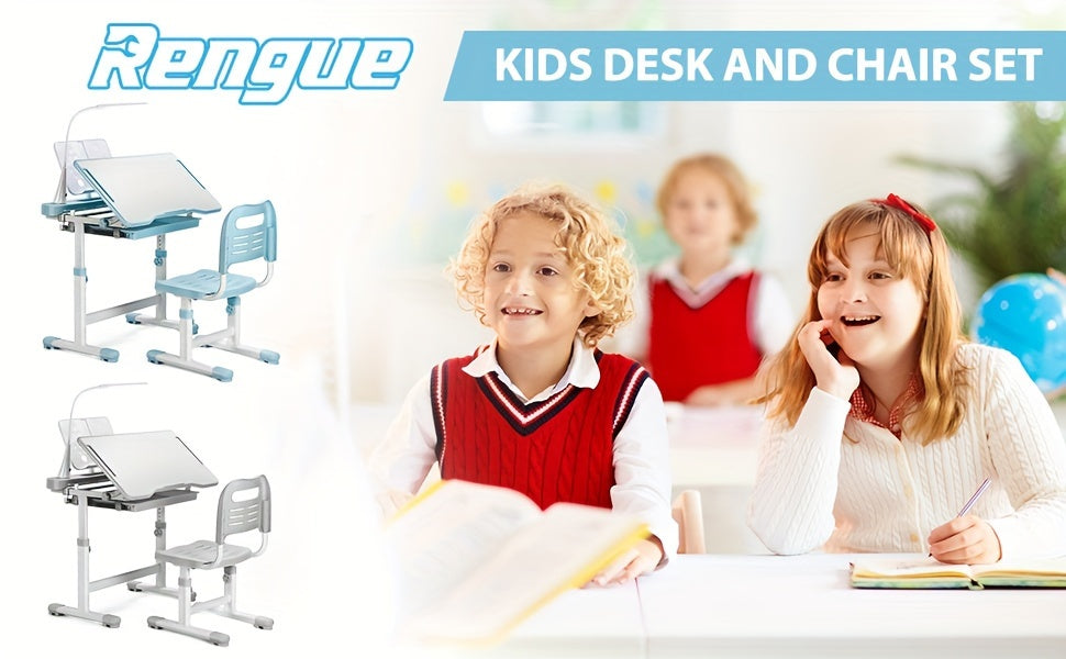 Kids' Ergonomic Study Desk Set - School Chairs with Height Adjustment, 55° Tiltable Desktop, 3-Mode & 3-Brightness LED Lamps, Storage Drawer, Metal Hook, and Sturdy Construction for Boys and Girls, Blue