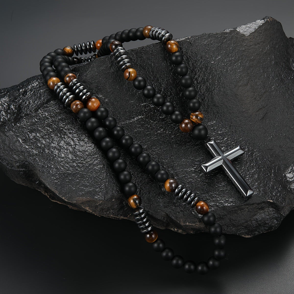 1pc 8mm Beaded Matte Black Natural Stone Yellow Tiger Eye Cross Pendant Necklace, Unique Gift for Men, Cool Jewelry