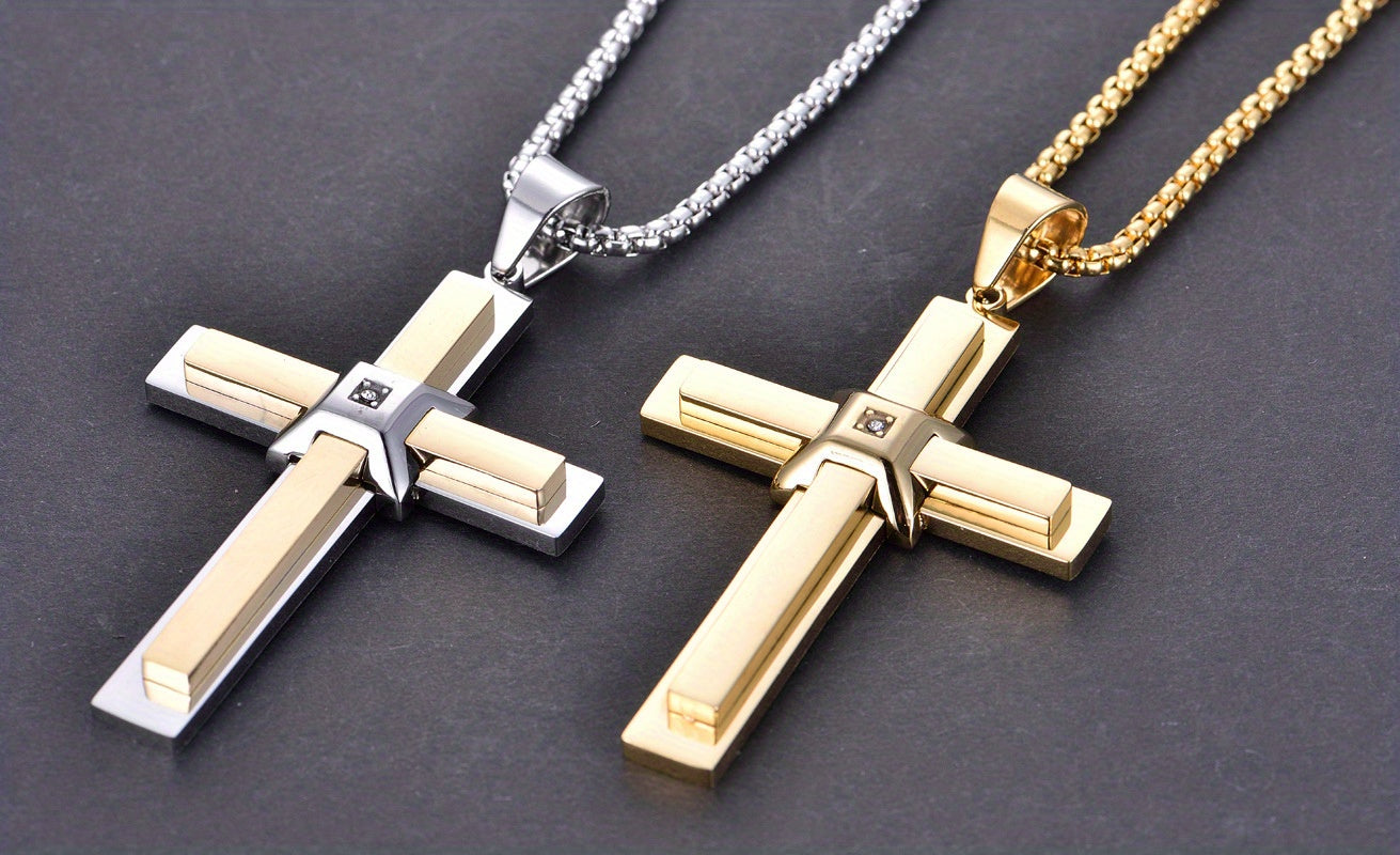 Fashion Stainless Steel Cross Pendant Necklace for Men, Synthetic Zirconia Inlay, Unplated Vintage Style Jewelry by Alpaca