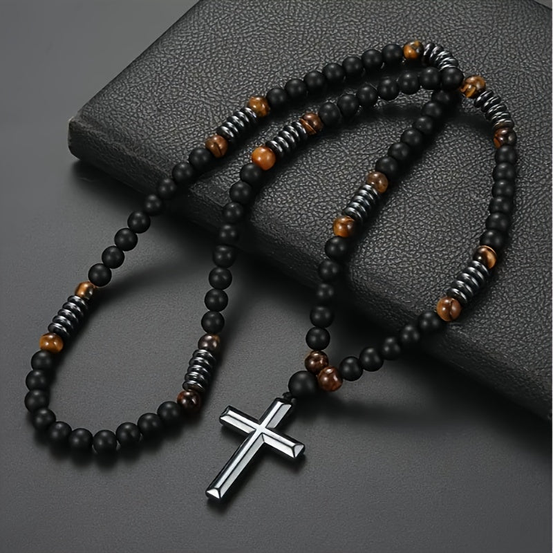 2 Pieces 8mm Matte Black Stone Tiger Eye Cross Pendant Men's Minimalist Necklace, Personalized Imitation Black Agate Cool Jewelry Gift