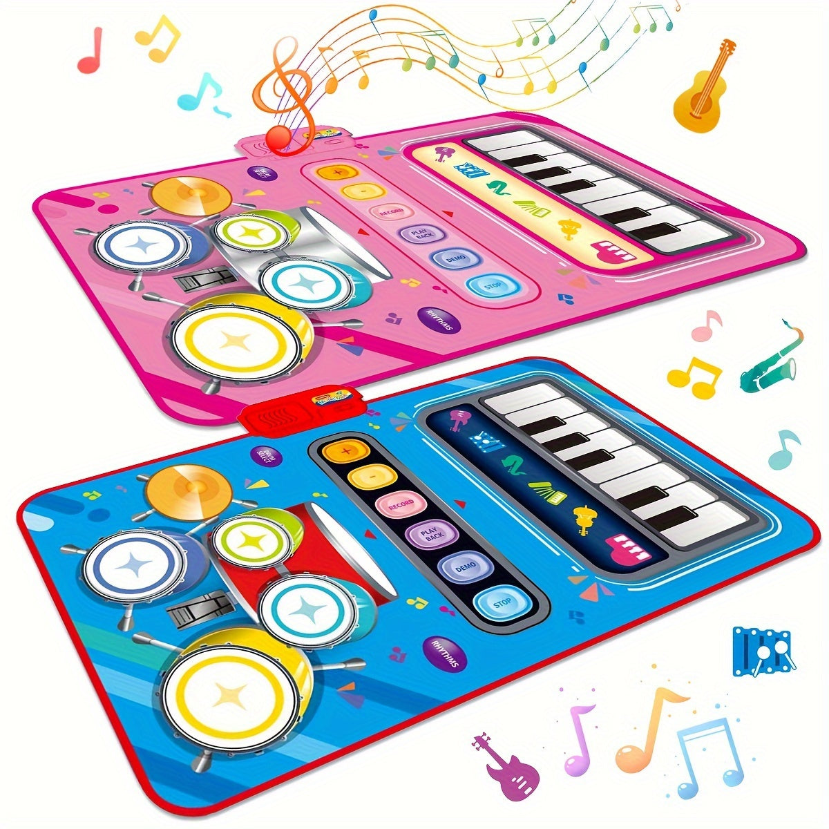 2 In 1 Piano Mat For Kids-Music Sensory Play Mat Piano Keyboard & Jazz Drum Music Touch Play Carpet With 2 Sticks For Baby Toddlers Instrument Education Gift Random Color