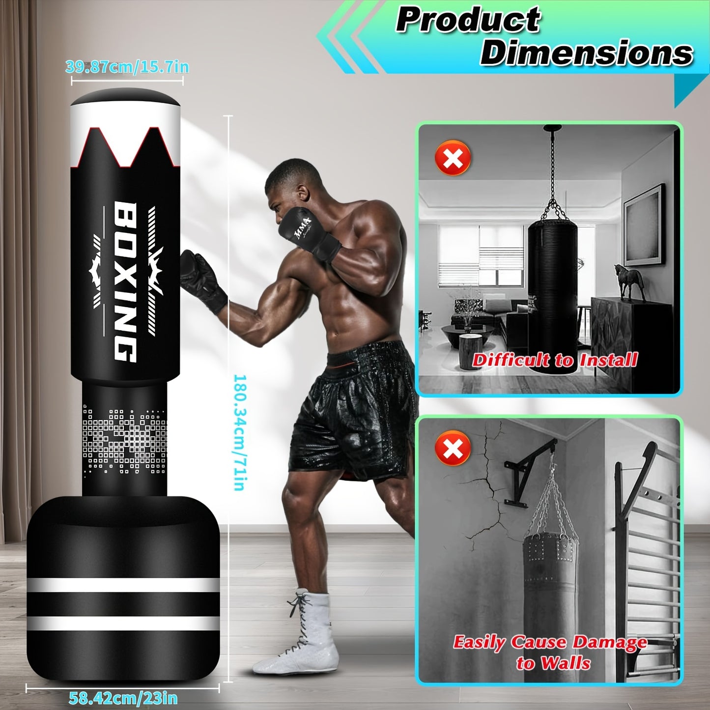 71'' Adult Standing Punching Bag, Heavy Duty Punching Bag W/Stand Elevated Base Kickboxing Bag Muay Thai Bag For Training MMA Kickboxing Fitness