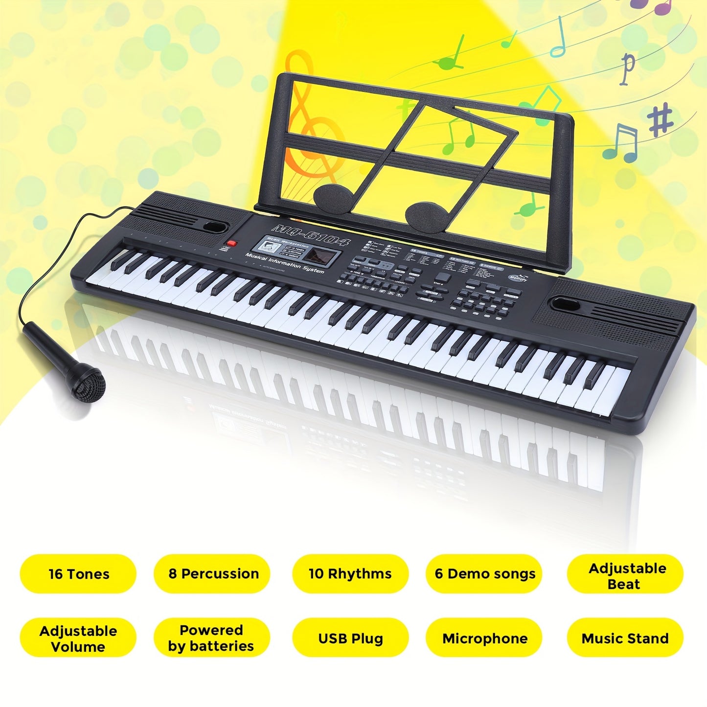 61-key Portable Keyboard For Kids. Dual Power Via USB/battery. Educational Music Instrument With Interactive Learning. Comes With Microphone, 16 Tones, 8 Percussion Recordings, 10 Rhythms, And 6 Demos.