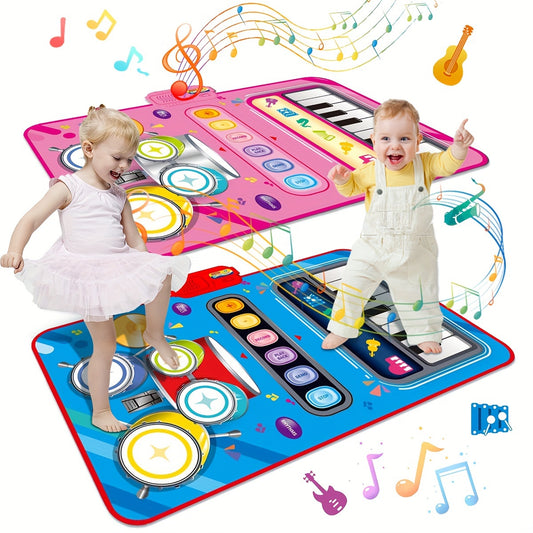 2 In 1 Piano Mat For Kids-Music Sensory Play Mat Piano Keyboard & Jazz Drum Music Touch Play Carpet With 2 Sticks For Baby Toddlers Instrument Education Gift Random Color