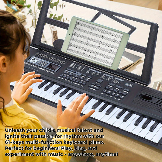 61-key Portable Keyboard For Kids. Dual Power Via USB/battery. Educational Music Instrument With Interactive Learning. Comes With Microphone, 16 Tones, 8 Percussion Recordings, 10 Rhythms, And 6 Demos.