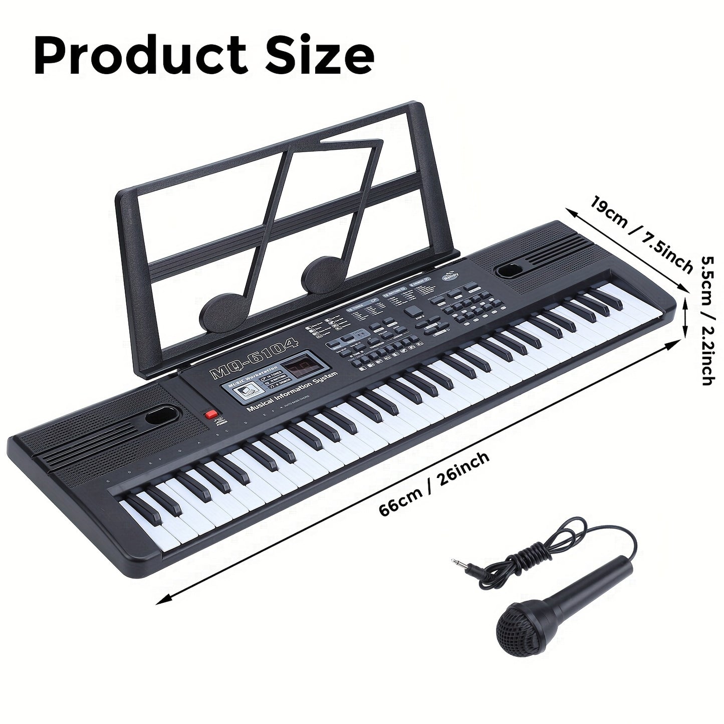 61-key Portable Keyboard For Kids. Dual Power Via USB/battery. Educational Music Instrument With Interactive Learning. Comes With Microphone, 16 Tones, 8 Percussion Recordings, 10 Rhythms, And 6 Demos.