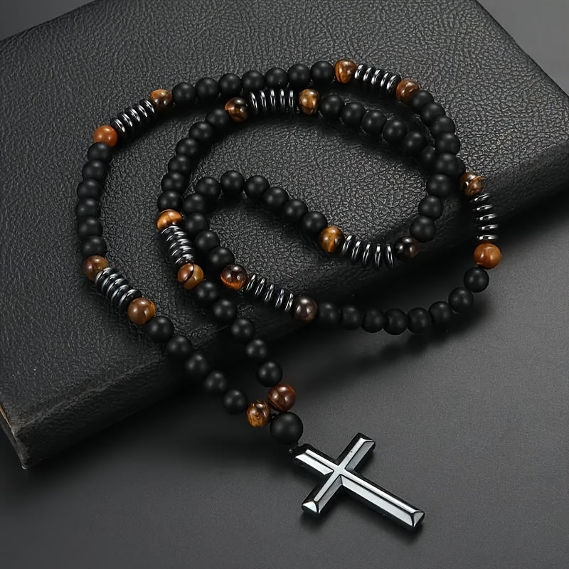 2 Pieces 8mm Matte Black Stone Tiger Eye Cross Pendant Men's Minimalist Necklace, Personalized Imitation Black Agate Cool Jewelry Gift