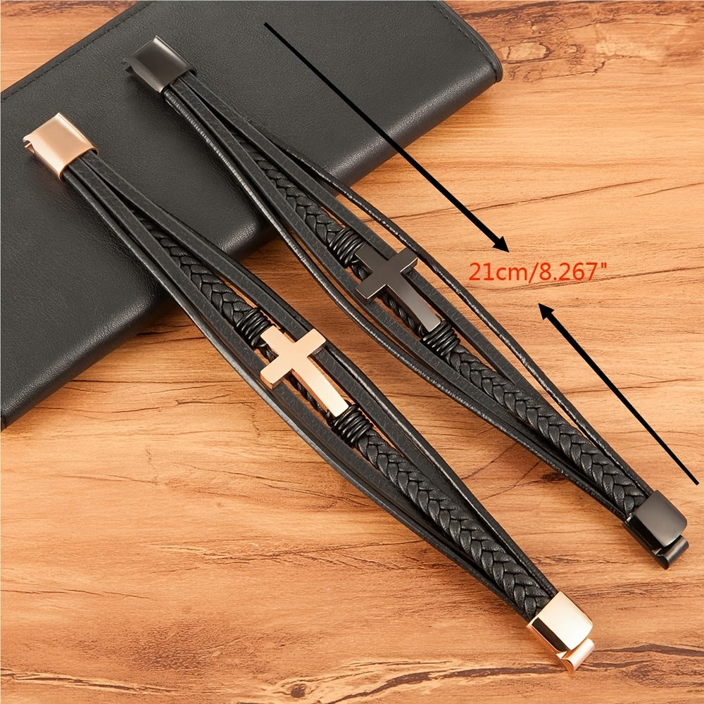 Luxurious Multicolor Cross Design Stainless Steel Men's PU Leather Bracelet - Adjustable 19/21/23cm Length, Stylish, Water Resistant, Durable, Perfect Gift