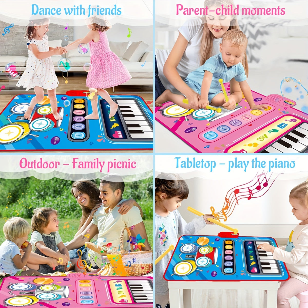 2 In 1 Piano Mat For Kids-Music Sensory Play Mat Piano Keyboard & Jazz Drum Music Touch Play Carpet With 2 Sticks For Baby Toddlers Instrument Education Gift Random Color