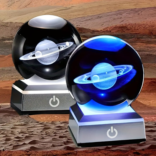 A Small Sculpture Ornament, 3D Saturn Crystal Ball With Color-changing Base, Solar System Glass Ball Statue Decoration, Mini Saturn Planet For Home Decoration & Gifts