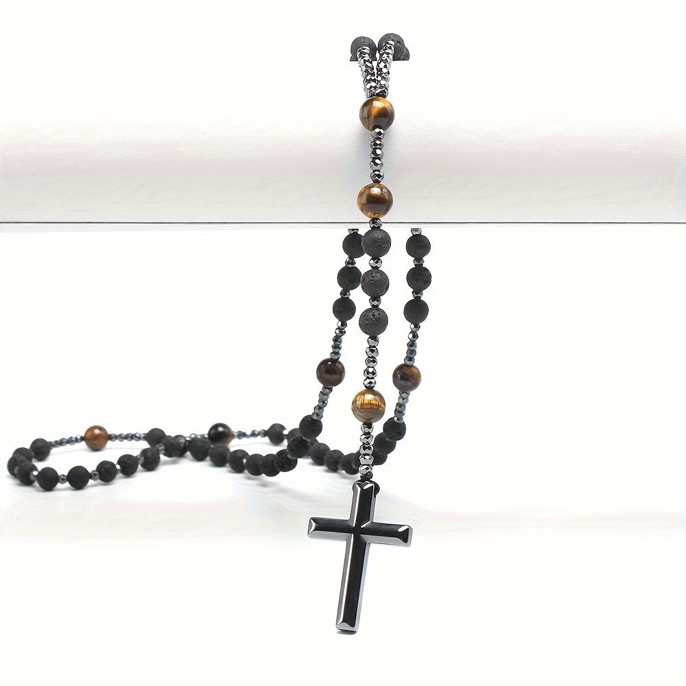 Natural Stone Cross Pendant Beads Necklace, Men's Religious Necklace