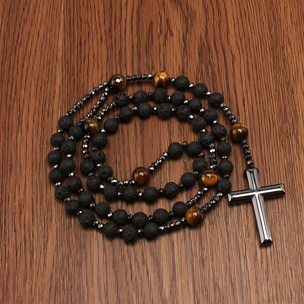 Natural Stone Cross Pendant Beads Necklace, Men's Religious Necklace