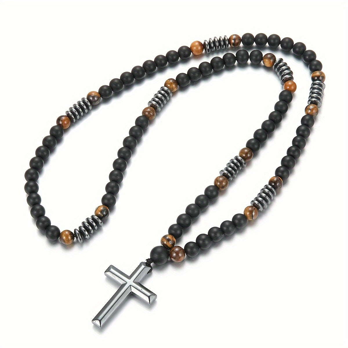 1pc 8mm Beaded Matte Black Natural Stone Yellow Tiger Eye Cross Pendant Necklace, Unique Gift for Men, Cool Jewelry