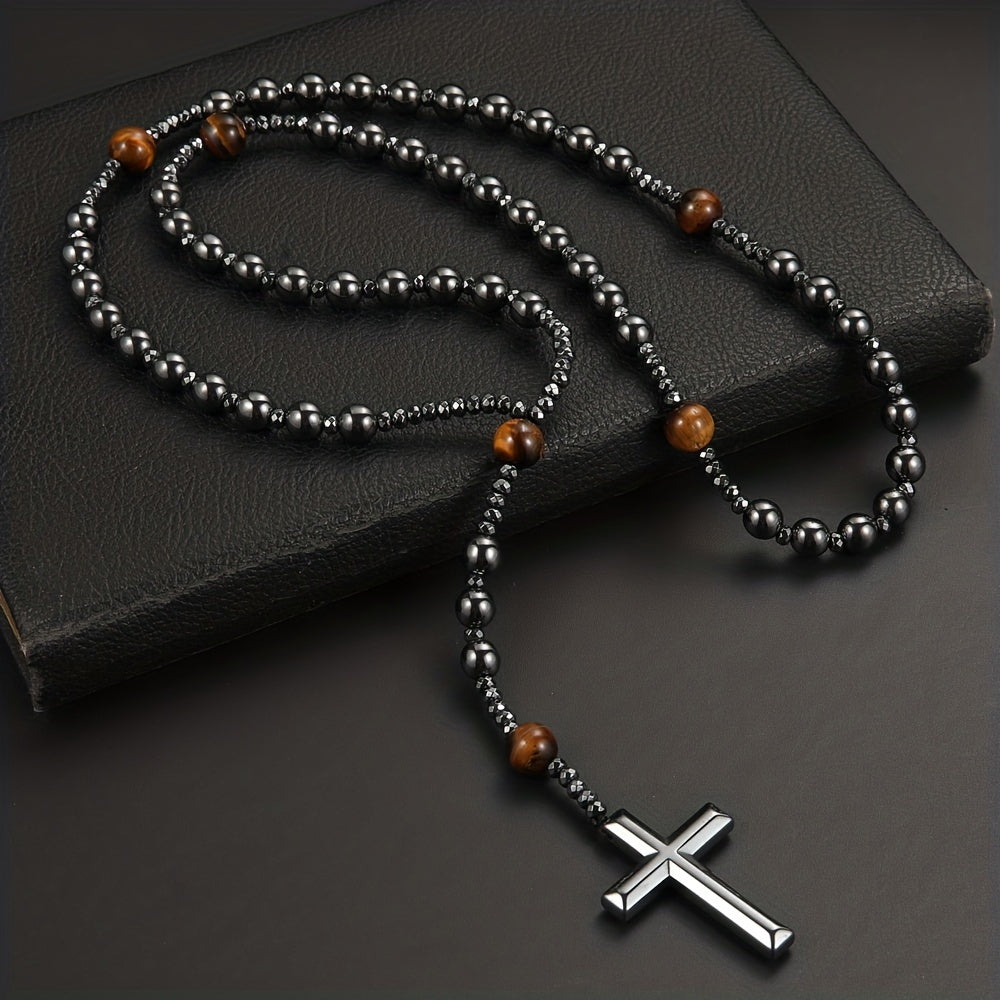 1pc Bright Black Natural Stone Yellow 8mm Round Bead Black Gallstone Cross Rosary Rough Stone Gift For Men, Daily Casual Halloween Gift, Sweater Chain/Clavicle