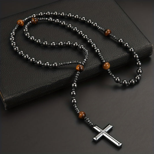 1pc Bright Black Natural Stone Yellow 8mm Round Bead Black Gallstone Cross Rosary Rough Stone Gift For Men, Daily Casual Halloween Gift, Sweater Chain/Clavicle