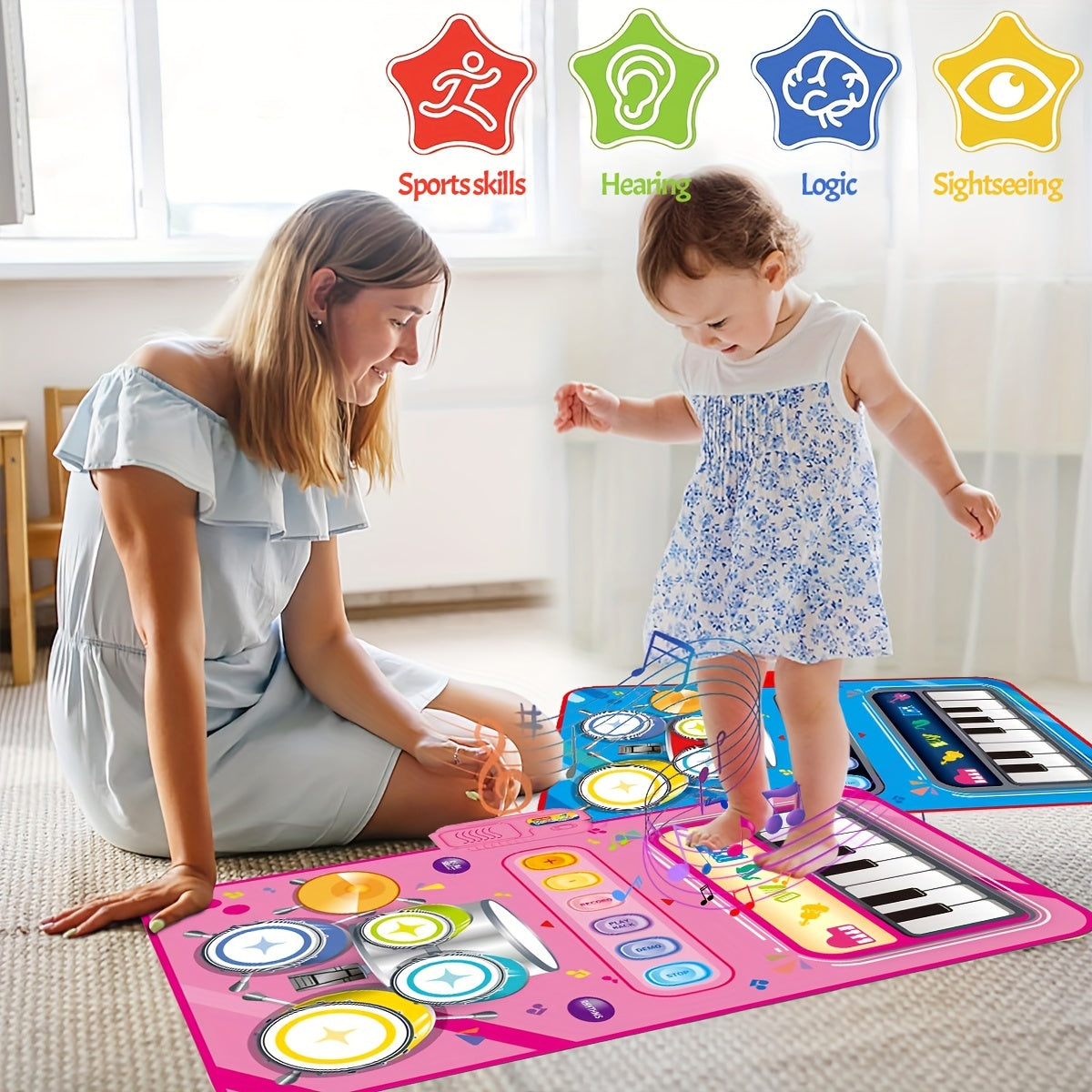 2 In 1 Piano Mat For Kids-Music Sensory Play Mat Piano Keyboard & Jazz Drum Music Touch Play Carpet With 2 Sticks For Baby Toddlers Instrument Education Gift Random Color