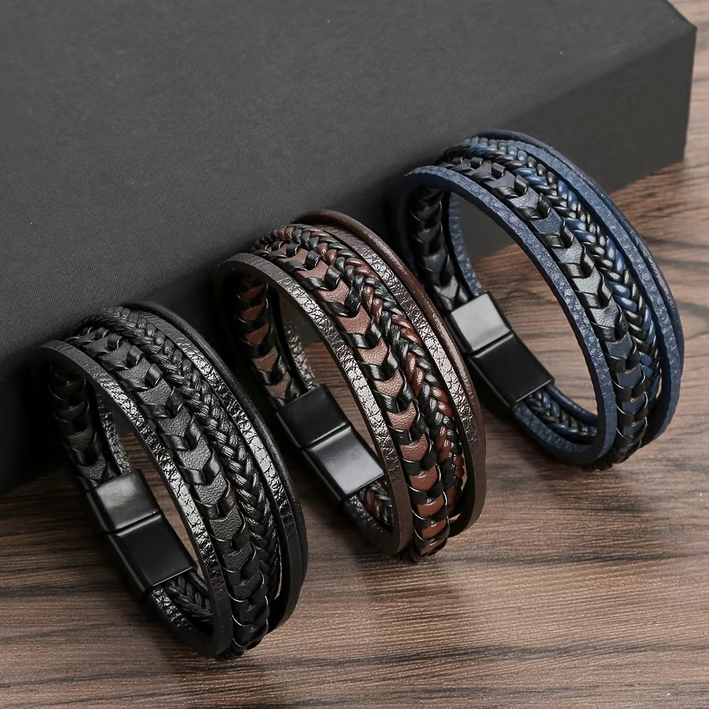 1pc Men's Magnetic Leather Bracelet, Multi-Layer Braided Bracelet with PU Leather Buckle, Trendy Wristband