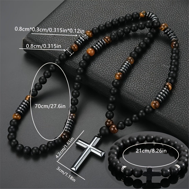 2 Pieces 8mm Matte Black Stone Tiger Eye Cross Pendant Men's Minimalist Necklace, Personalized Imitation Black Agate Cool Jewelry Gift