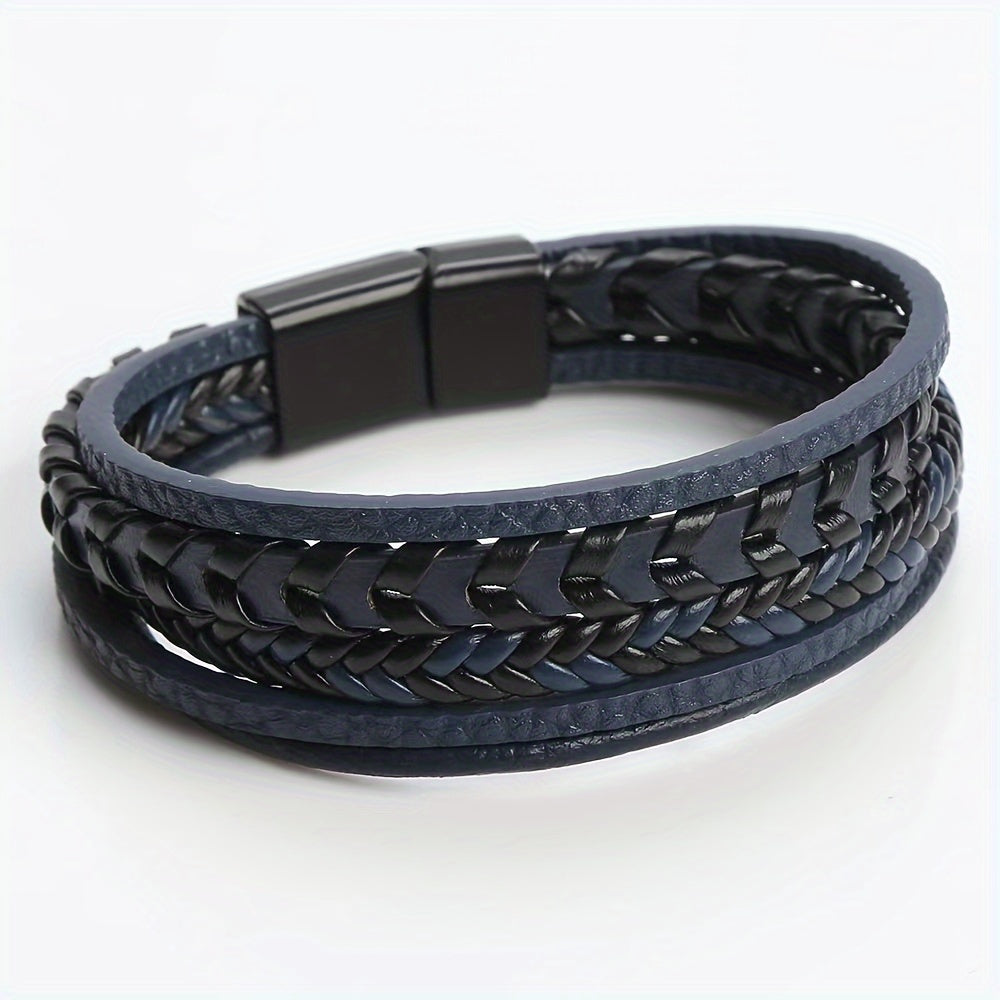 1pc Men's Magnetic Leather Bracelet, Multi-Layer Braided Bracelet with PU Leather Buckle, Trendy Wristband