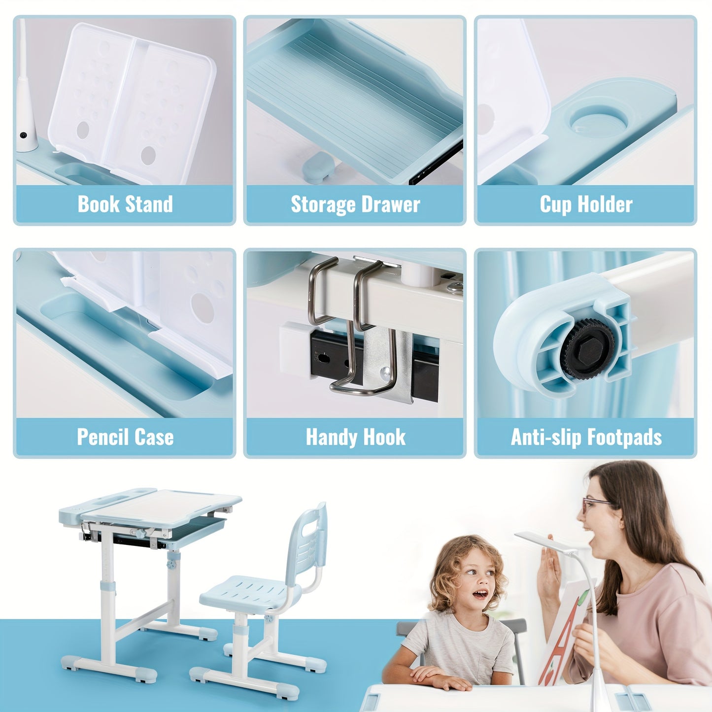 Kids' Ergonomic Study Desk Set - School Chairs with Height Adjustment, 55° Tiltable Desktop, 3-Mode & 3-Brightness LED Lamps, Storage Drawer, Metal Hook, and Sturdy Construction for Boys and Girls, Blue