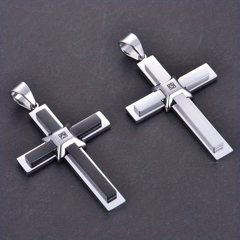 Fashion Stainless Steel Cross Pendant Necklace for Men, Synthetic Zirconia Inlay, Unplated Vintage Style Jewelry by Alpaca