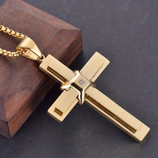 Fashion Stainless Steel Cross Pendant Necklace for Men, Synthetic Zirconia Inlay, Unplated Vintage Style Jewelry by Alpaca