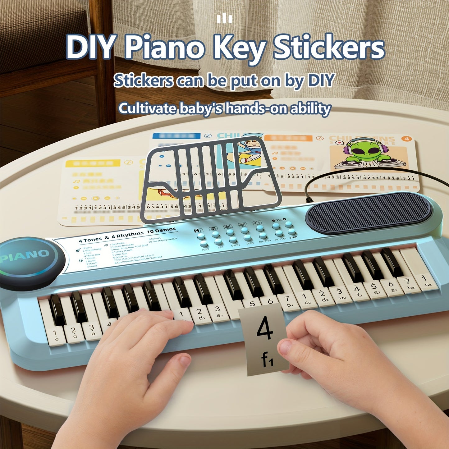 37 Keys Kids Piano Keyboard Toys with Microphone, Pink Blue Piano Multipie Sounds, Stickers, Birthday Gifts for Boys and Girls